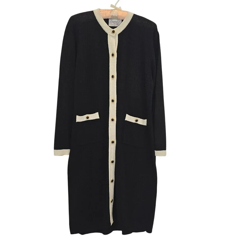 Laura By Alyzia Petites Black & Cream Button-Front Cardigan Dress With Pockets - Picture 1 of 11
